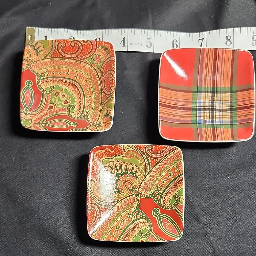Pottery Barn Red and Green Paisley & Plaid Ceramic Accent Dishes